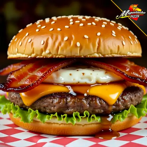 Hamburguesa completa con tocino, queso cheddar y huevo