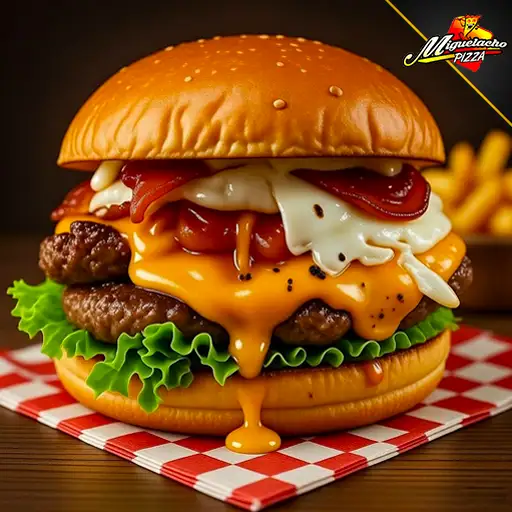 Hamburguesa completa con tocino, queso cheddar y huevo